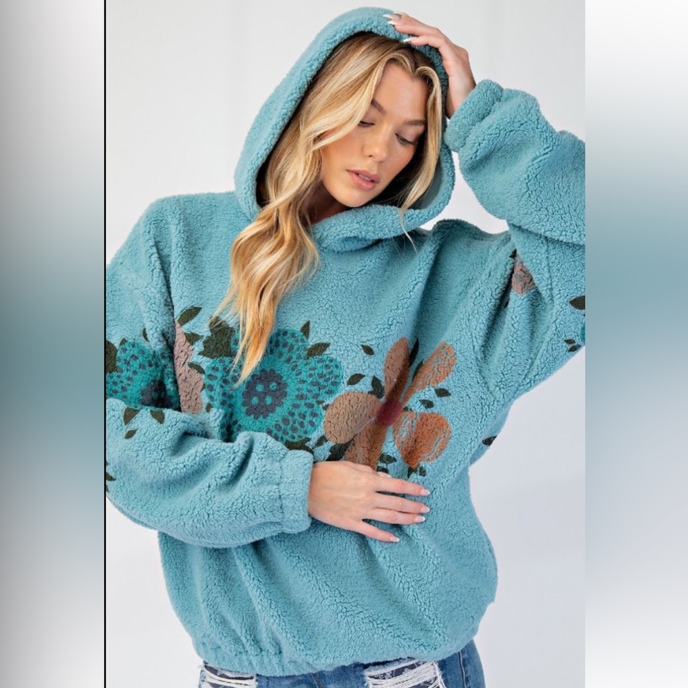 easel Teal Sherpa Hoodie with Floral Print